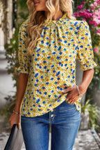 Floral Ruffle Mock Neck Puff Short Sleeve Shirt | Mixtshop LLC