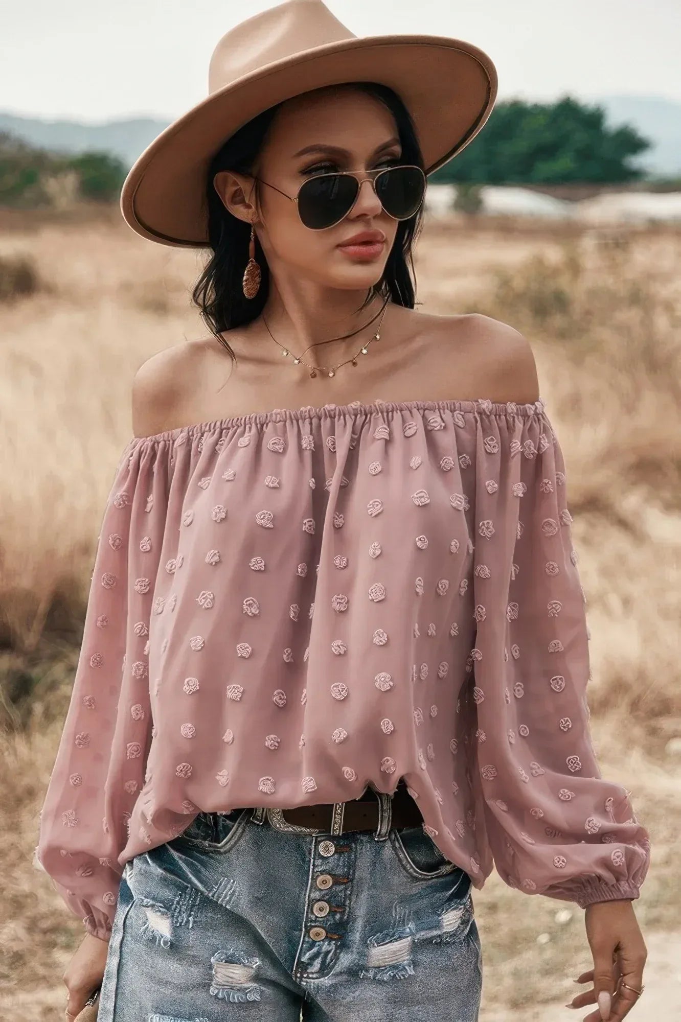 Off Shoulder Swiss Dot Long Sleeve Loose Top | Mixtshop LLC Main image