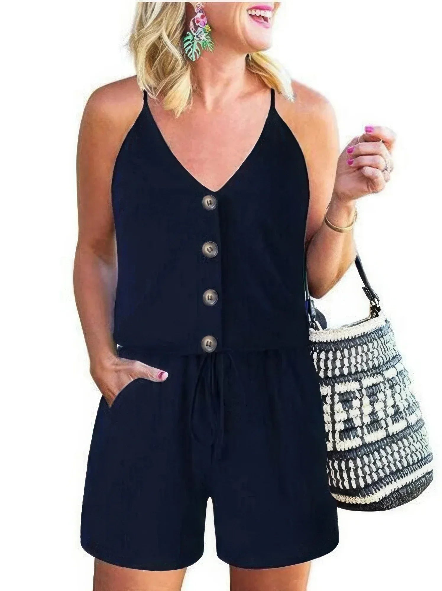 Button Sleeveless Spaghetti Strap Cami Romper | Mixtshop LLC
