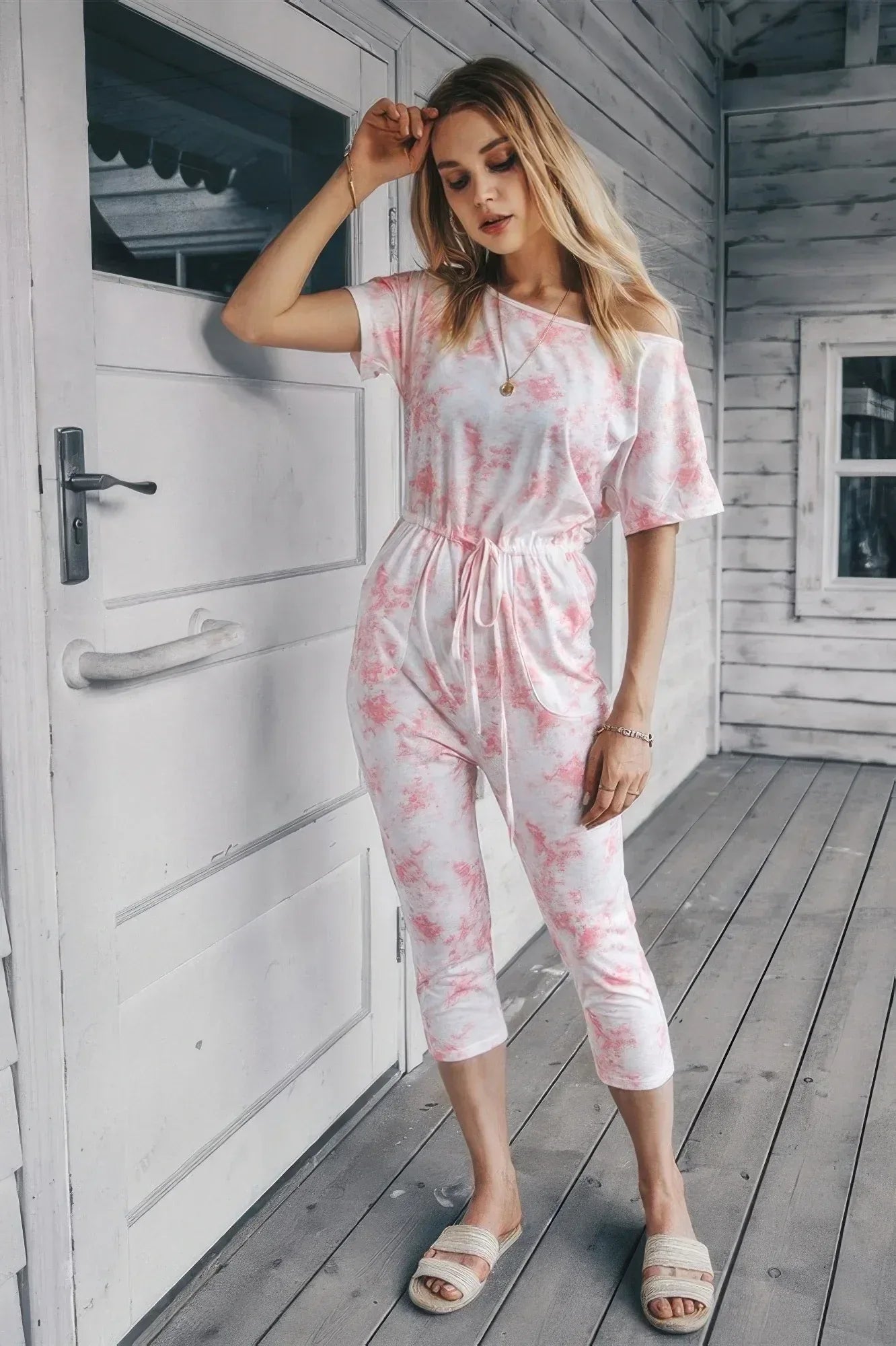Tie Dye One Shoulder Drawstring Fit Jumpsuit | Mixtshop LLC