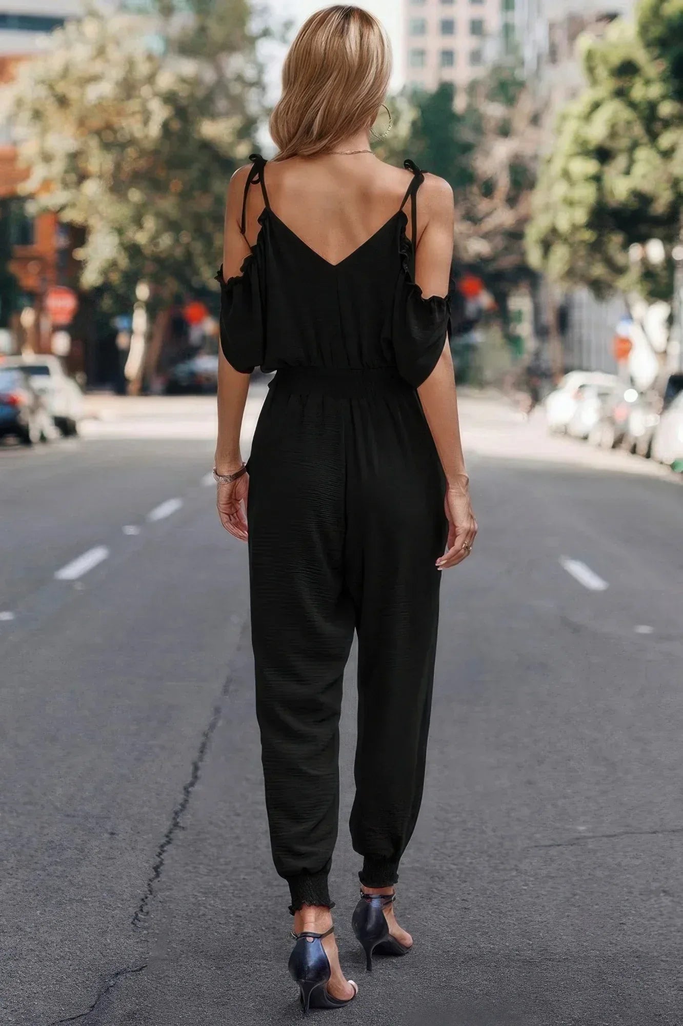 Solid Wrap V Neck Cold Shoulder Outfits Jumpsuit | Mixtshop LLC