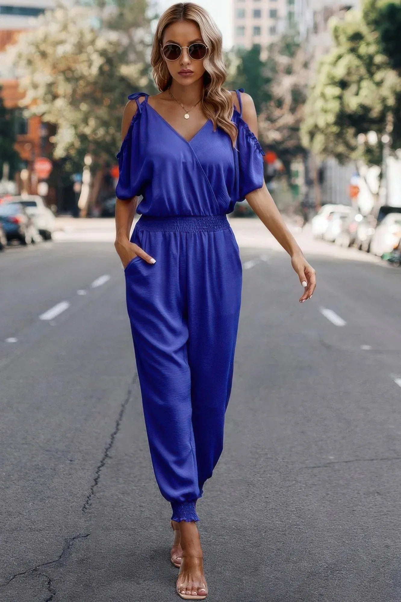 Solid Wrap V Neck Cold Shoulder Outfits Jumpsuit | Mixtshop LLC