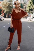Solid Wrap V Neck Cold Shoulder Outfits Jumpsuit | Mixtshop LLC