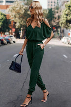 Solid Wrap V Neck Cold Shoulder Outfits Jumpsuit | Mixtshop LLC