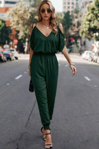 Solid Wrap V Neck Cold Shoulder Outfits Jumpsuit | Mixtshop LLC