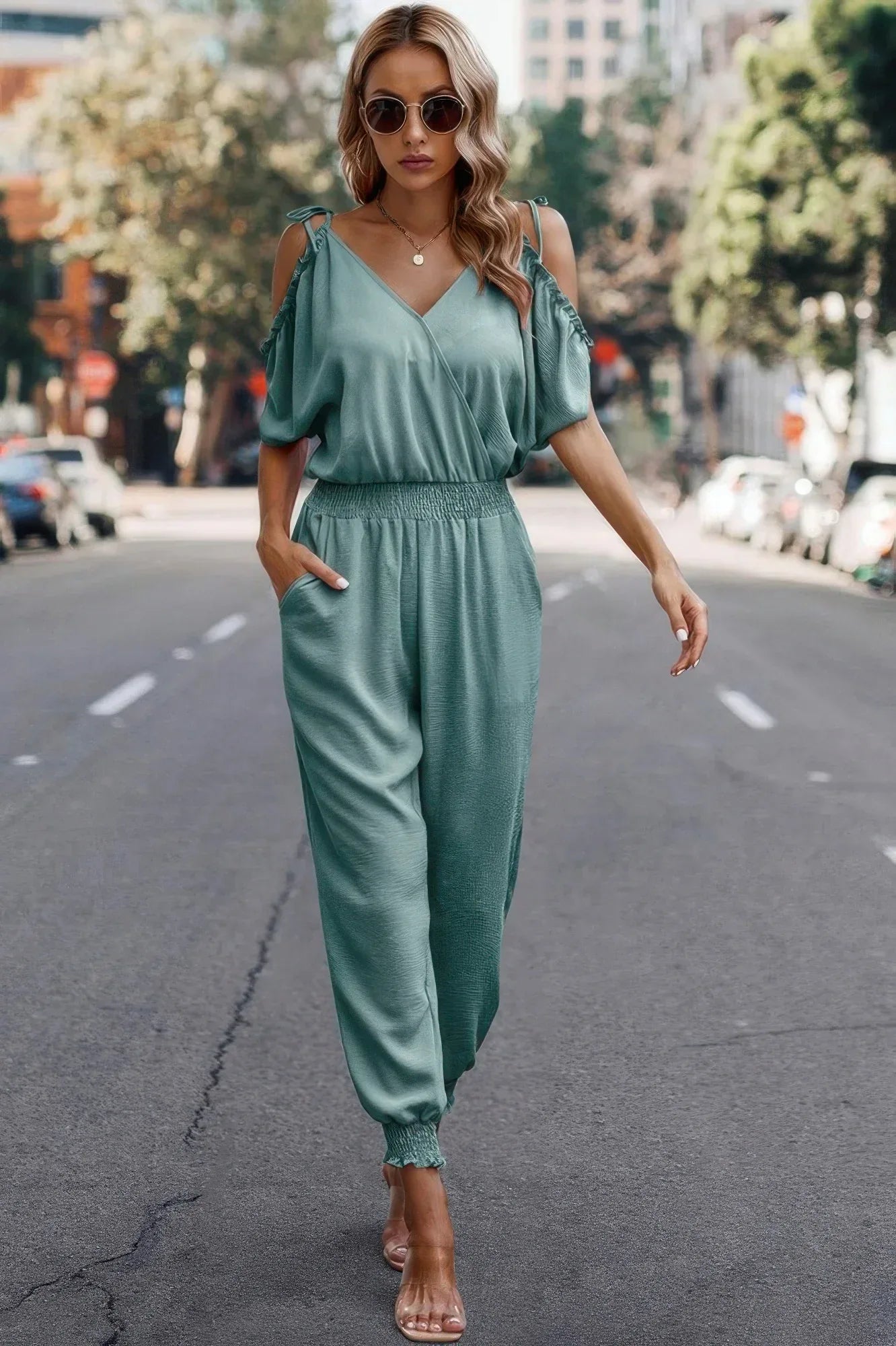 Solid Wrap V Neck Cold Shoulder Outfits Jumpsuit | Mixtshop LLC