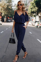 Solid Wrap V Neck Cold Shoulder Outfits Jumpsuit | Mixtshop LLC