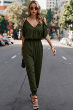 Solid Wrap V Neck Cold Shoulder Outfits Jumpsuit | Mixtshop LLC
