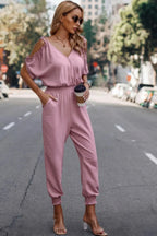 Solid Wrap V Neck Cold Shoulder Outfits Jumpsuit | Mixtshop LLC