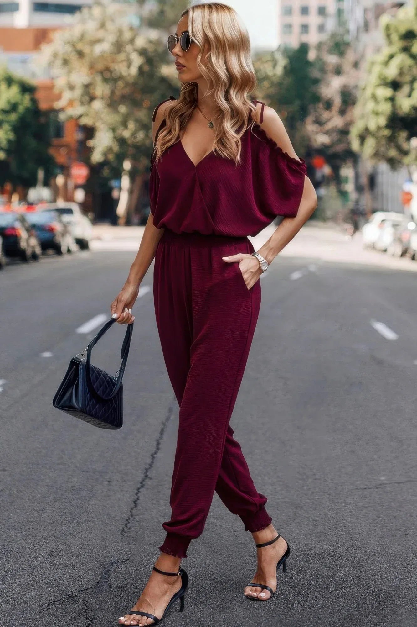 Solid Wrap V Neck Cold Shoulder Outfits Jumpsuit | Mixtshop LLC