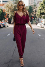 Solid Wrap V Neck Cold Shoulder Outfits Jumpsuit | Mixtshop LLC