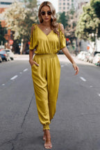 Solid Wrap V Neck Cold Shoulder Outfits Jumpsuit | Mixtshop LLC
