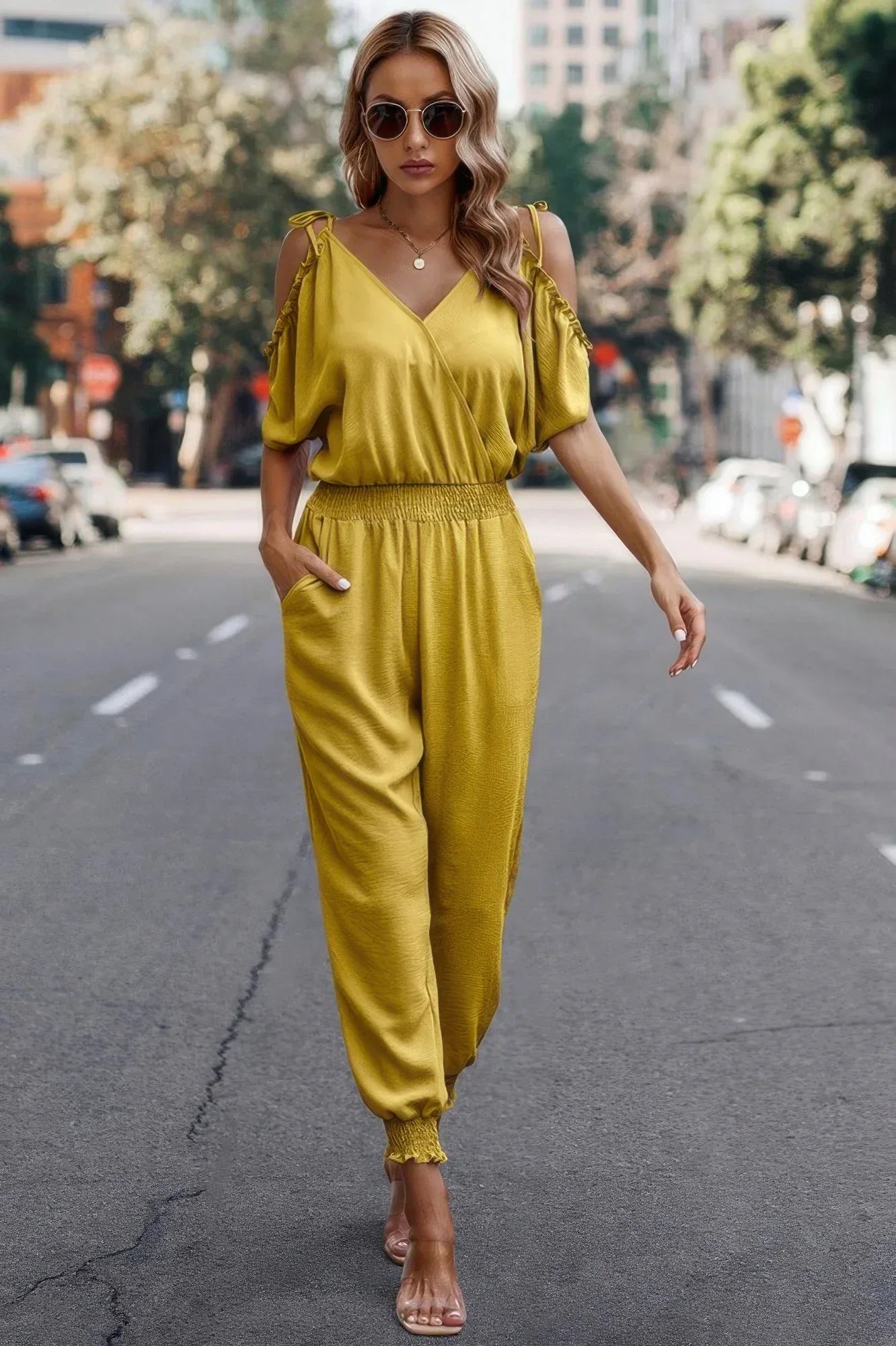 Solid Wrap V Neck Cold Shoulder Outfits Jumpsuit | Mixtshop LLC