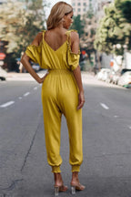 Solid Wrap V Neck Cold Shoulder Outfits Jumpsuit | Mixtshop LLC