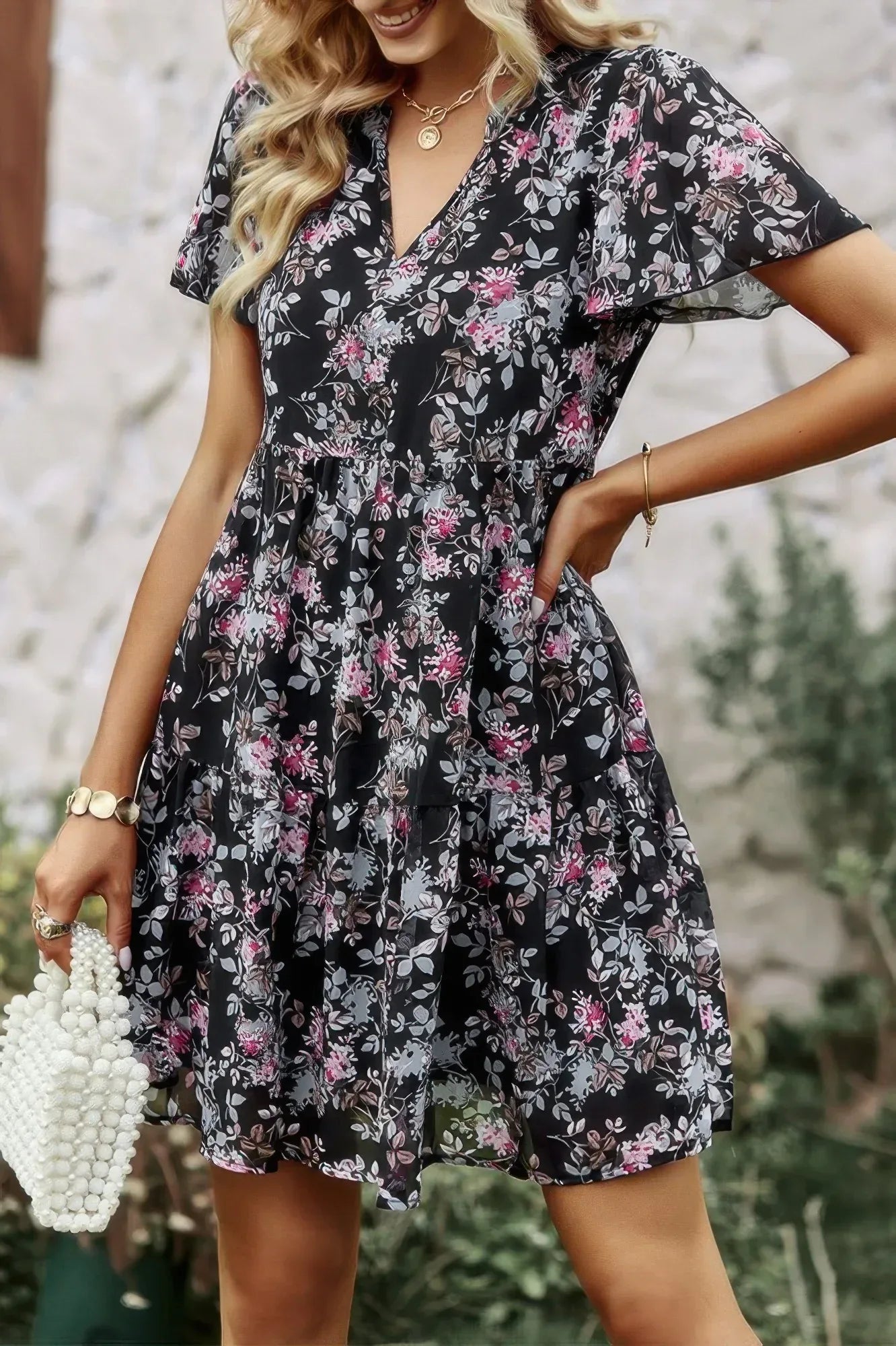 V Neck Bohemian Floral Print A Line Fit Dress | Mixtshop LLC