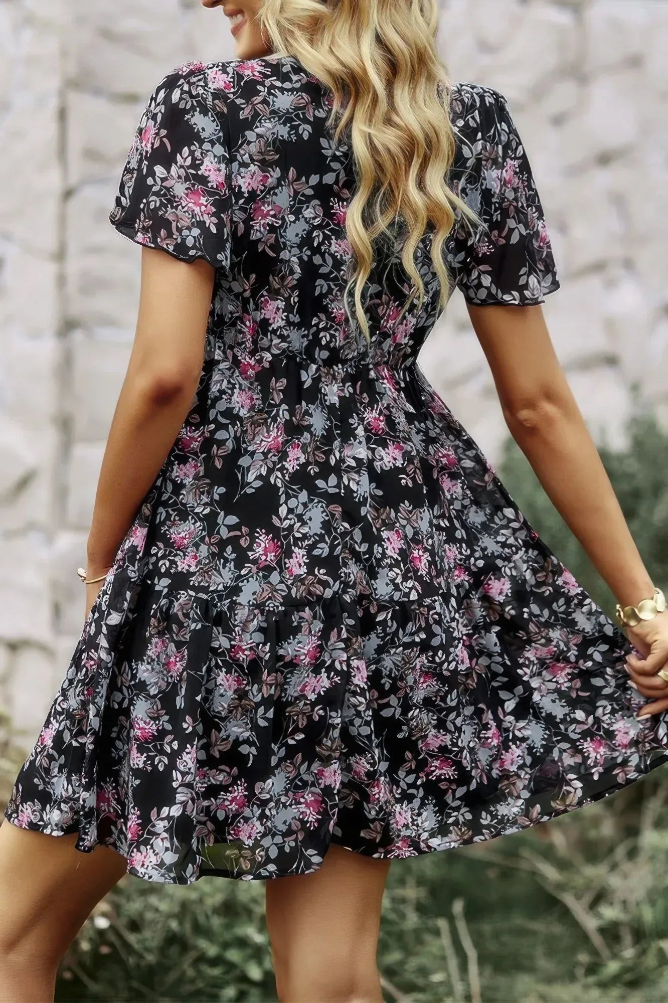V Neck Bohemian Floral Print A Line Fit Dress | Mixtshop LLC
