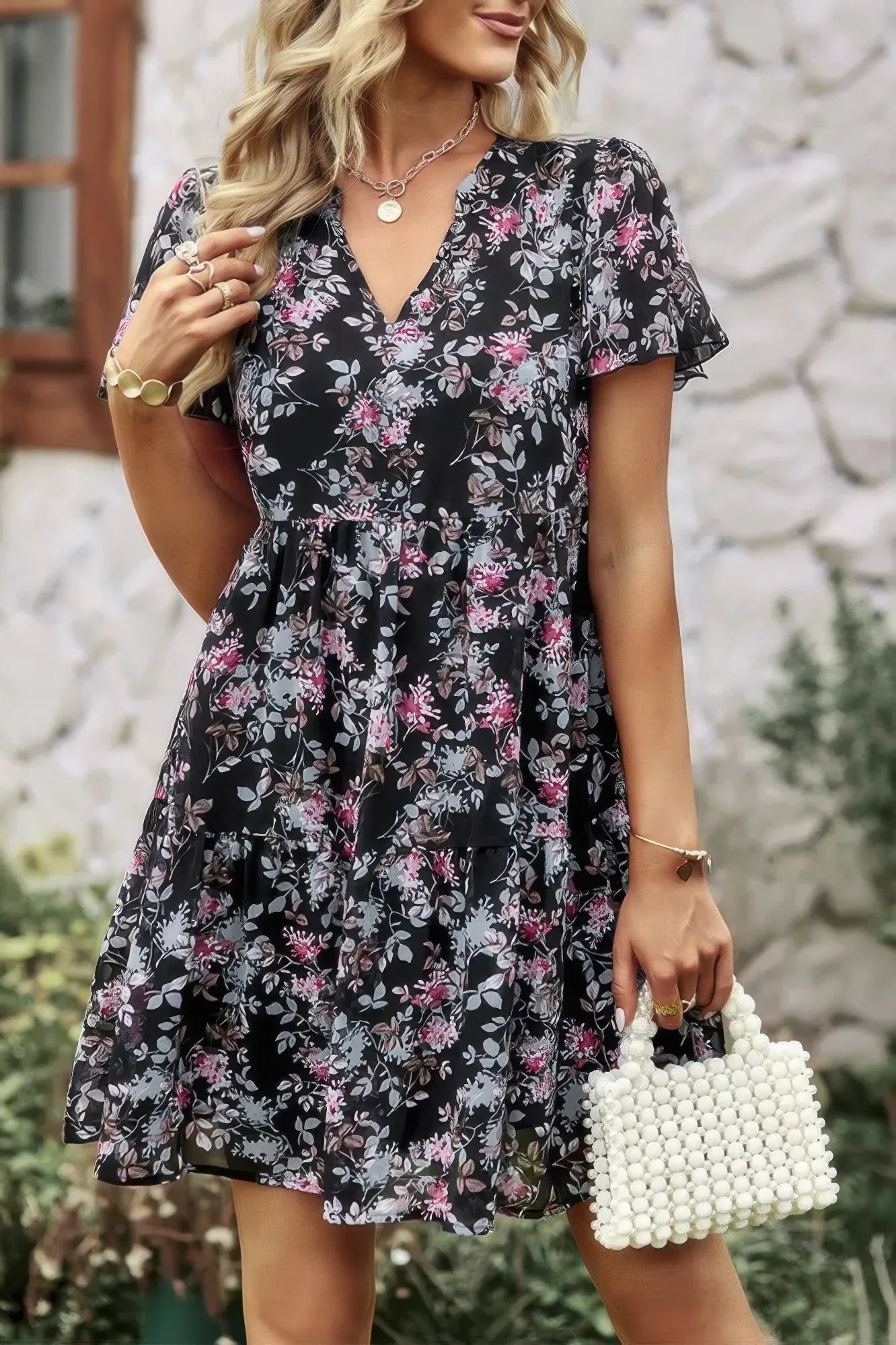 V Neck Bohemian Floral Print A Line Fit Dress | Mixtshop LLC