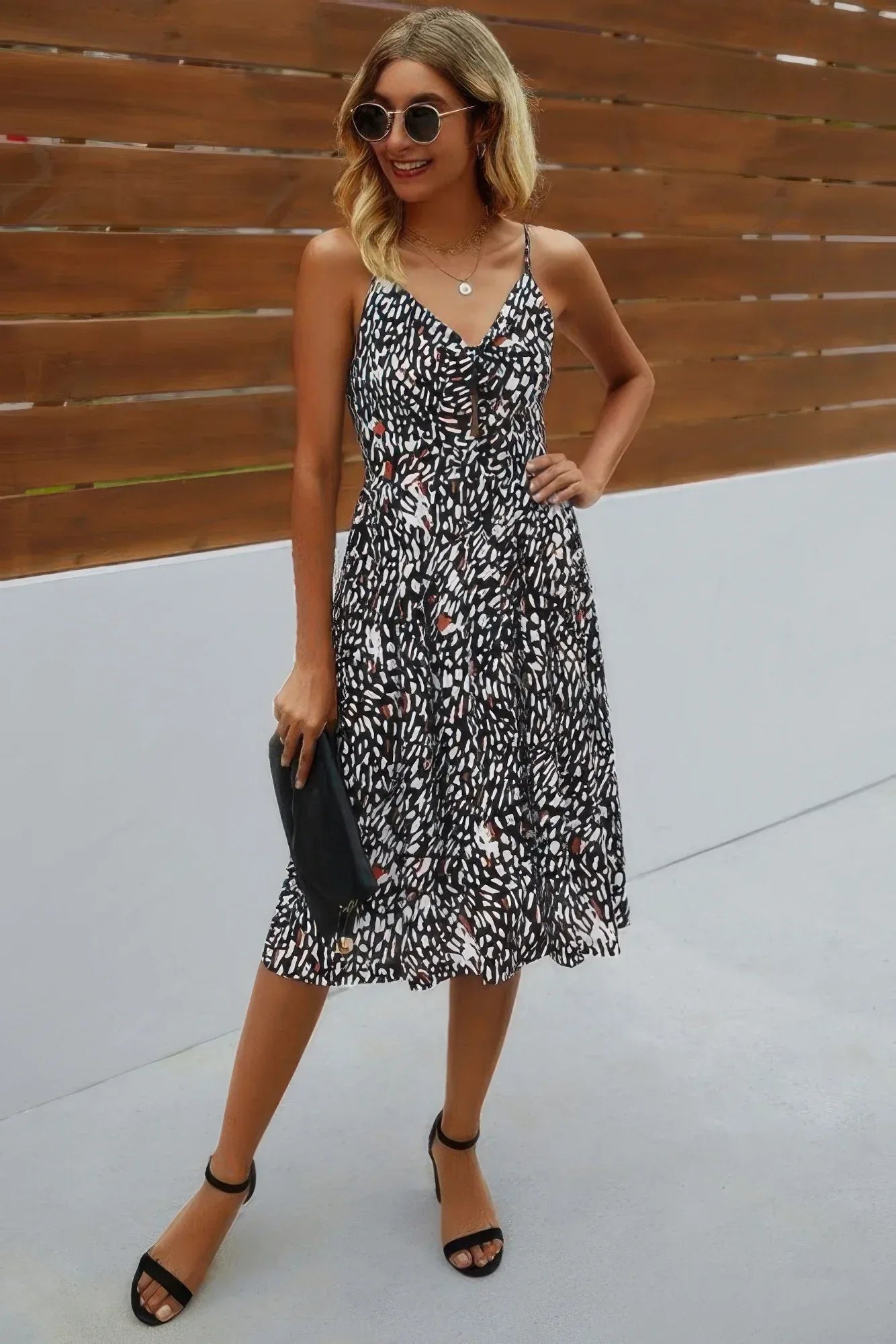 V Neck Spaghetti Strap Leopard Cut Out Midi Dress | Mixtshop LLC Main image