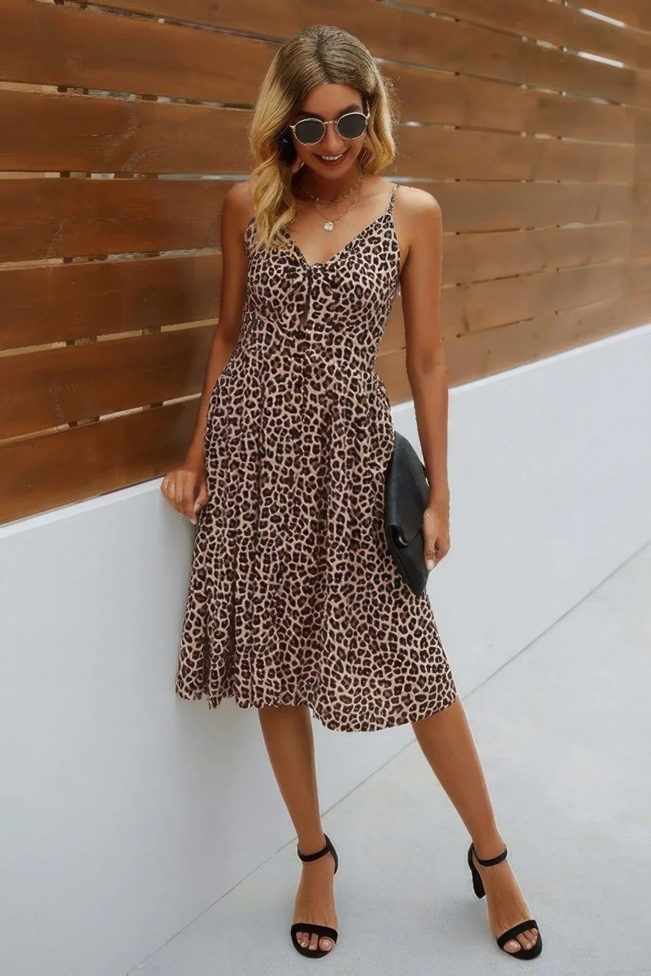 V Neck Spaghetti Strap Leopard Cut Out Midi Dress | Mixtshop LLC