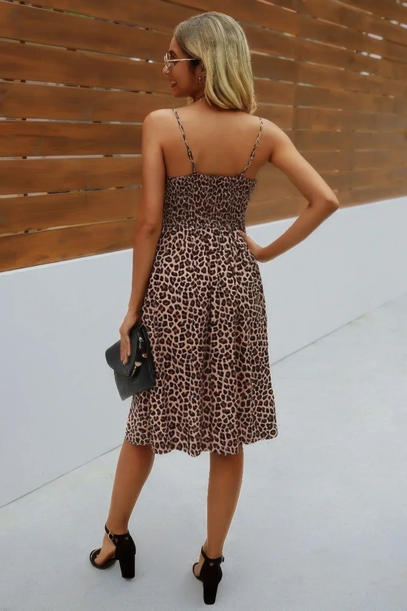 V Neck Spaghetti Strap Leopard Cut Out Midi Dress | Mixtshop LLC