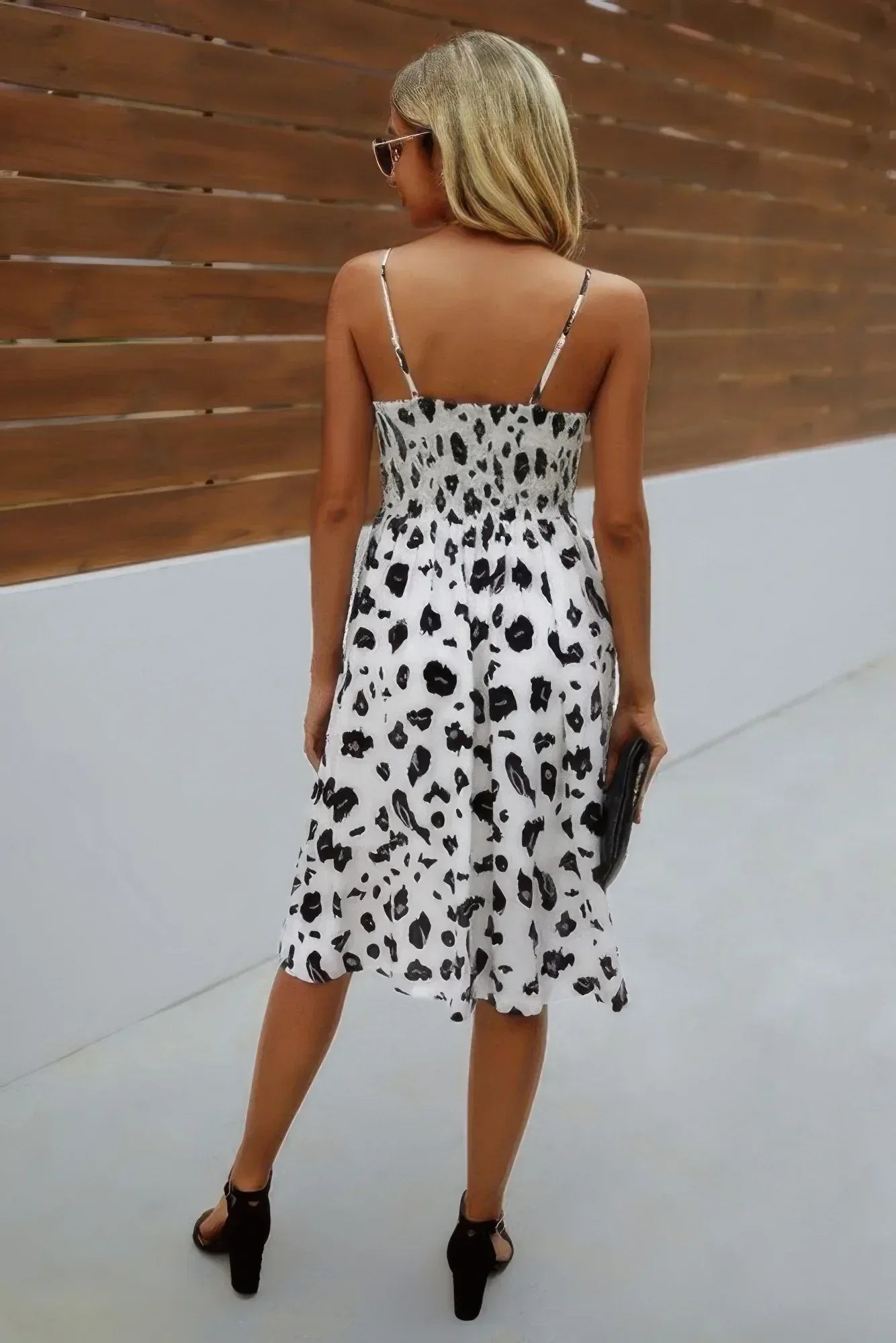 V Neck Spaghetti Strap Leopard Cut Out Midi Dress | Mixtshop LLC