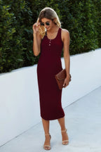 Button Scoop Neck Solid Slim Midi Bodycon Dress | Mixtshop LLC