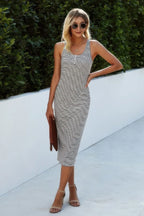 Button Scoop Neck Solid Slim Midi Bodycon Dress | Mixtshop LLC