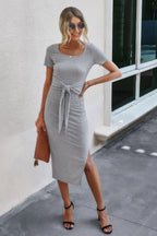 Tied Short Sleeve Scoop Neck Fit Shirt Dress | Mixtshop LLC