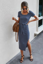 Tied Short Sleeve Scoop Neck Fit Shirt Dress | Mixtshop LLC