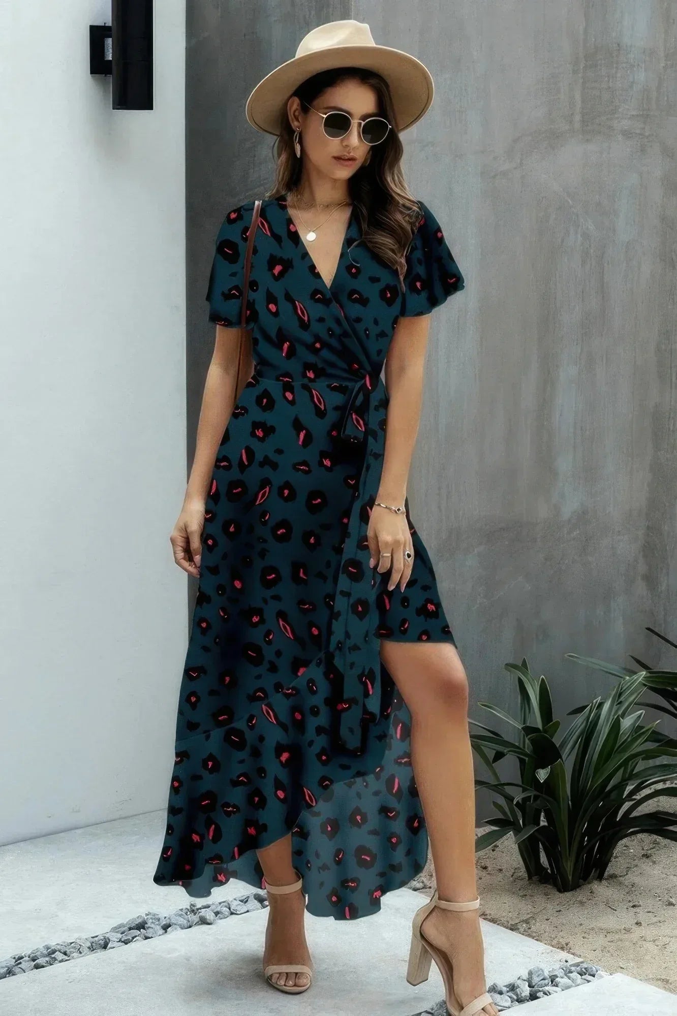 Allover Print High V Neck Low Wrap Dress | Mixtshop LLC