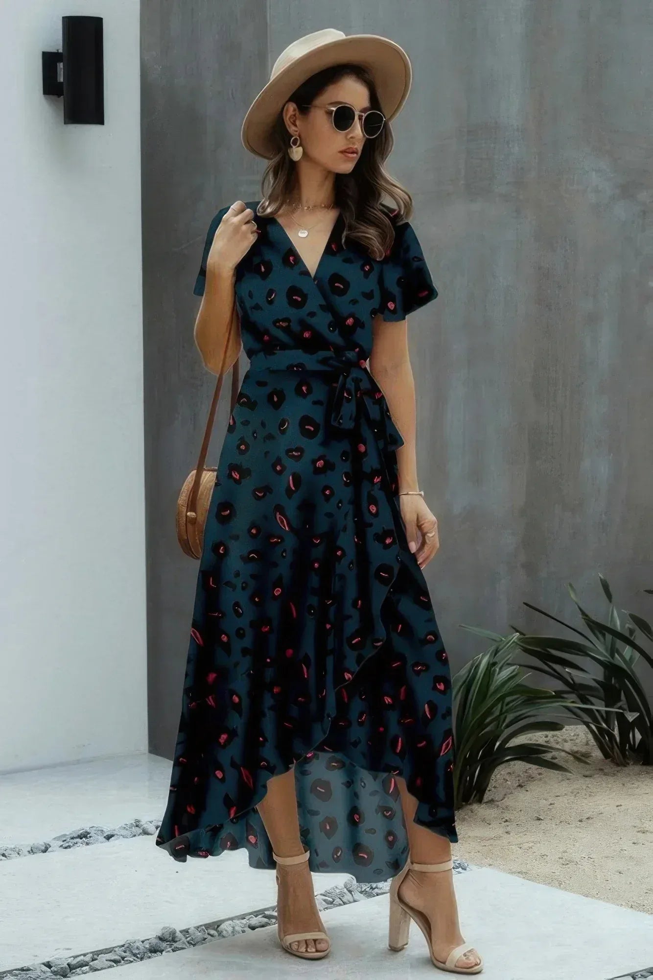 Allover Print High V Neck Low Wrap Dress | Mixtshop LLC