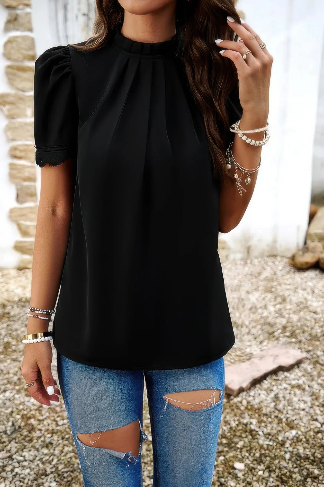 Crew Neck Solid Ruffle Loose Fit Dressy Elegant Shirt | Mixtshop LLC Main image