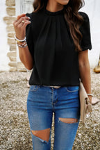 Crew Neck Solid Ruffle Loose Fit Dressy Elegant Shirt | Mixtshop LLC