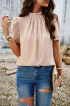 Crew Neck Solid Ruffle Loose Fit Dressy Elegant Shirt | Mixtshop LLC