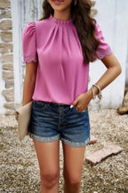 Crew Neck Solid Ruffle Loose Fit Dressy Elegant Shirt | Mixtshop LLC