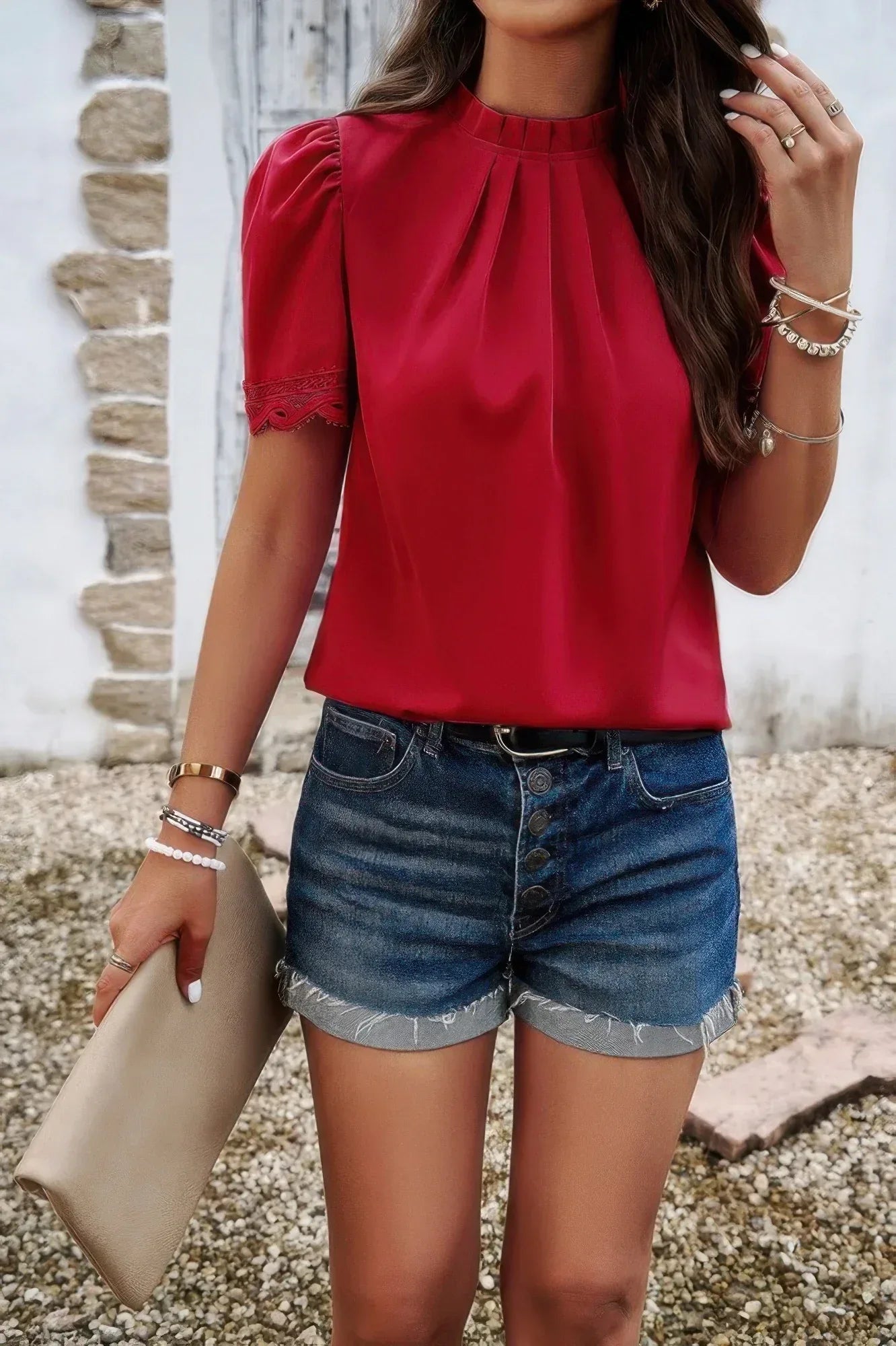 Crew Neck Solid Ruffle Loose Fit Dressy Elegant Shirt | Mixtshop LLC