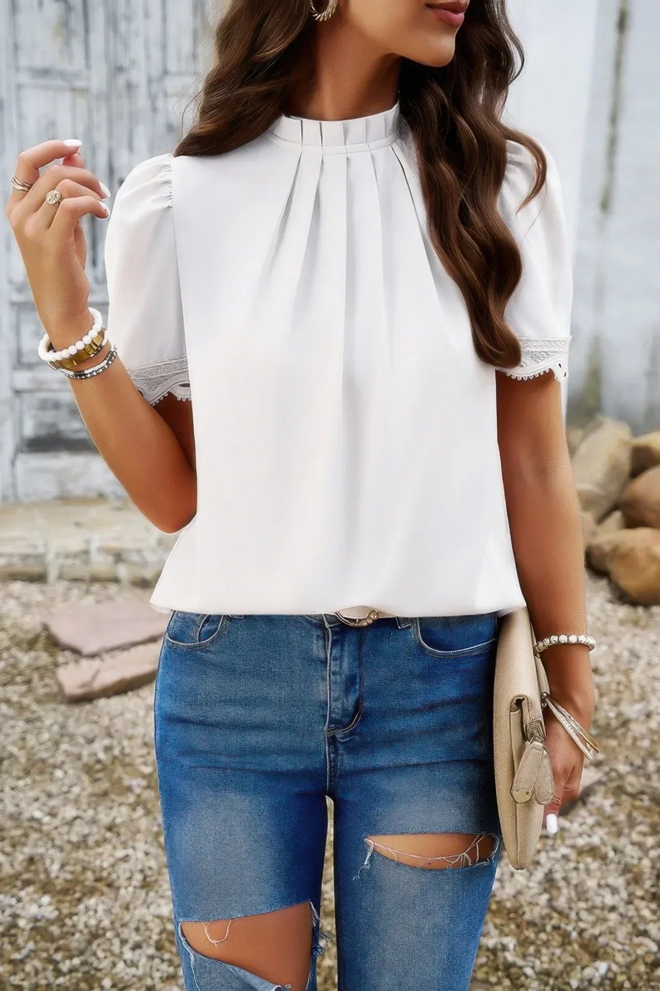 Crew Neck Solid Ruffle Loose Fit Dressy Elegant Shirt | Mixtshop LLC