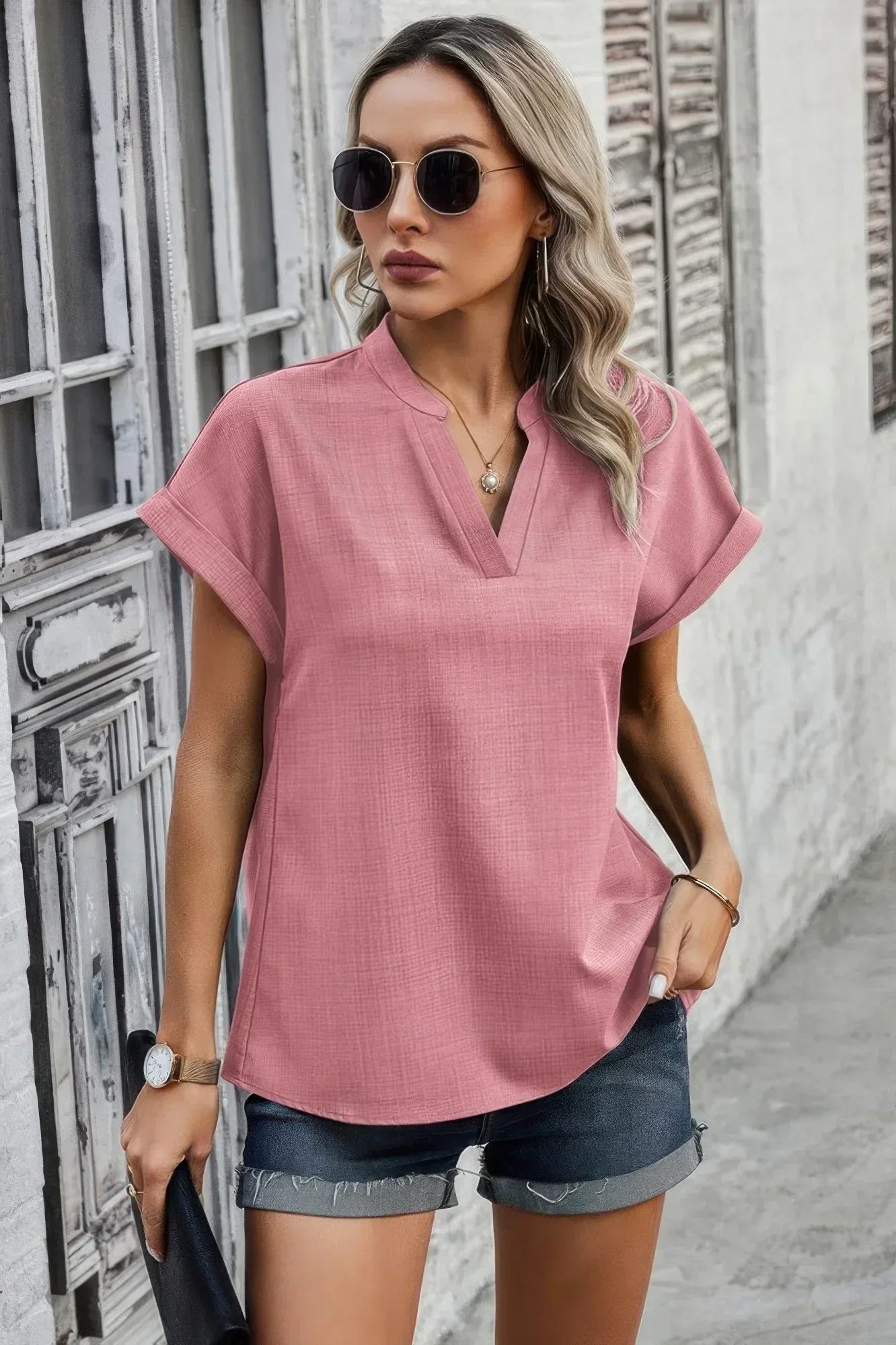 V Neck Solid Short Bat Sleeve Loose Fit Blouse | Mixtshop LLC Main image