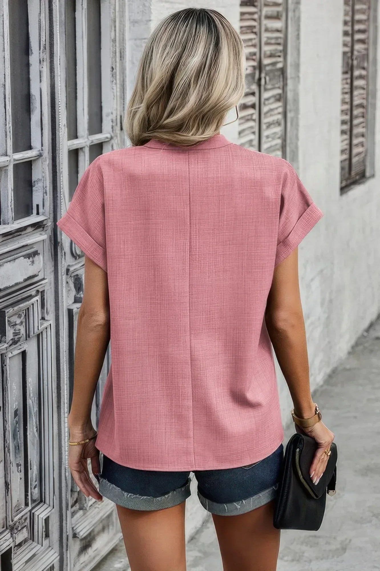 V Neck Solid Short Bat Sleeve Loose Fit Blouse Secondary image