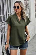 V Neck Solid Short Bat Sleeve Loose Fit Blouse | Mixtshop LLC