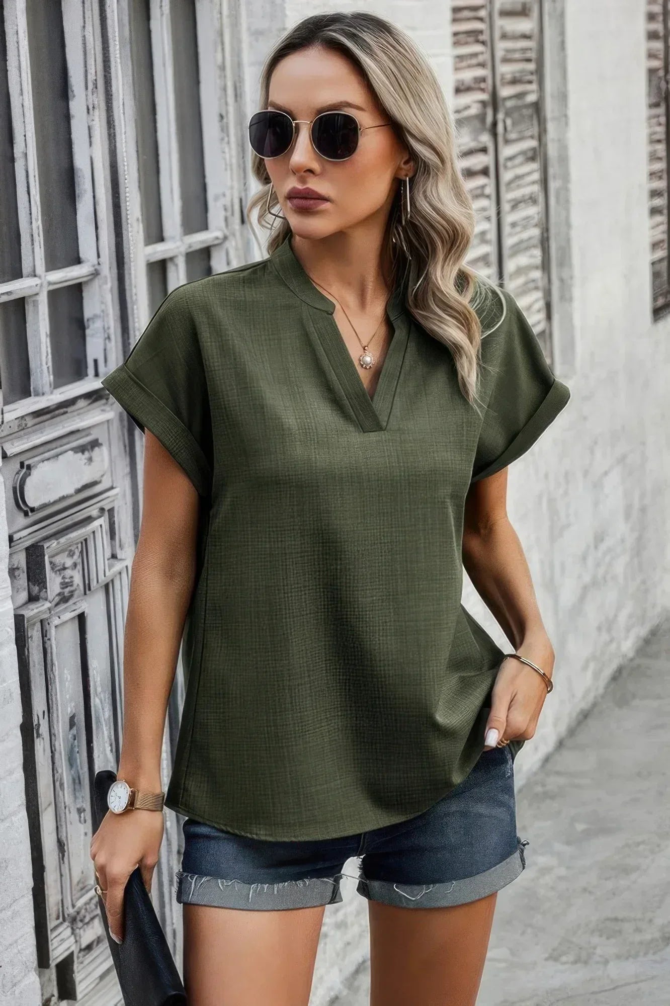 V Neck Solid Short Bat Sleeve Loose Fit Blouse | Mixtshop LLC