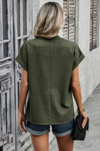 V Neck Solid Short Bat Sleeve Loose Fit Blouse | Mixtshop LLC
