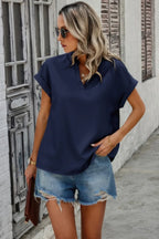 V Neck Solid Short Bat Sleeve Loose Fit Blouse | Mixtshop LLC