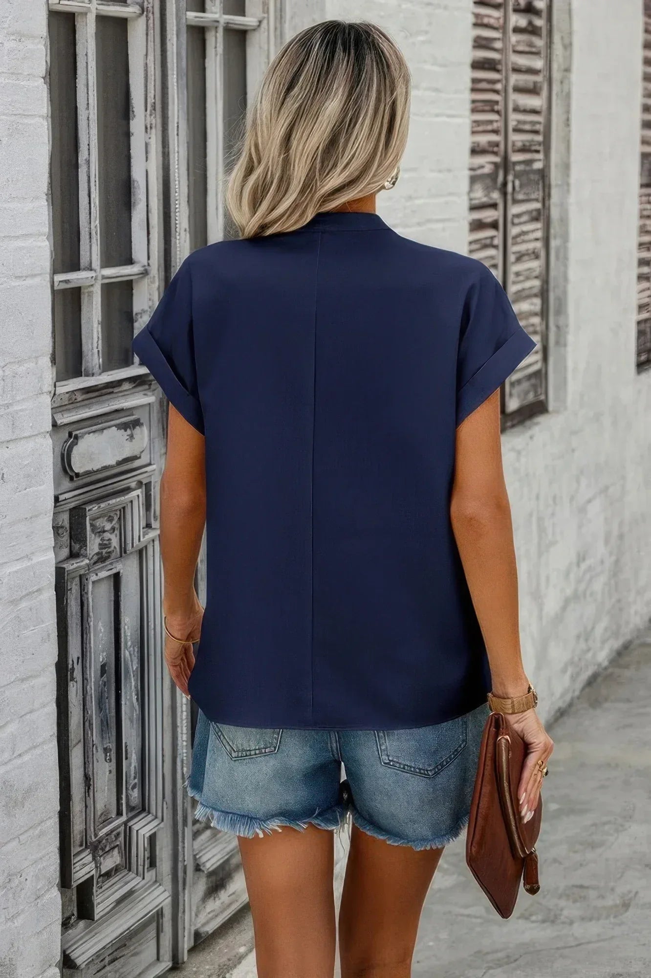 V Neck Solid Short Bat Sleeve Loose Fit Blouse | Mixtshop LLC