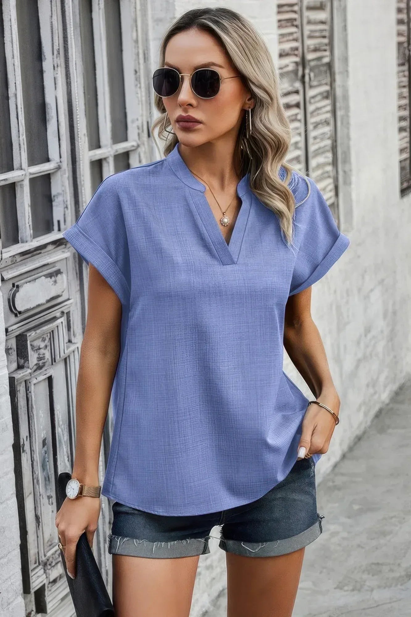 V Neck Solid Short Bat Sleeve Loose Fit Blouse | Mixtshop LLC