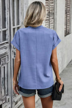 V Neck Solid Short Bat Sleeve Loose Fit Blouse | Mixtshop LLC