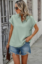 V Neck Solid Short Bat Sleeve Loose Fit Blouse | Mixtshop LLC