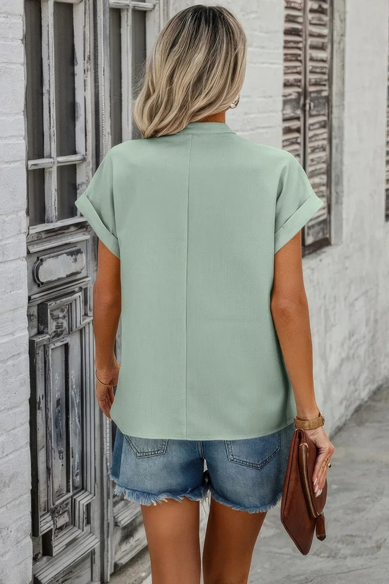 V Neck Solid Short Bat Sleeve Loose Fit Blouse | Mixtshop LLC