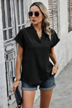 V Neck Solid Short Bat Sleeve Loose Fit Blouse | Mixtshop LLC