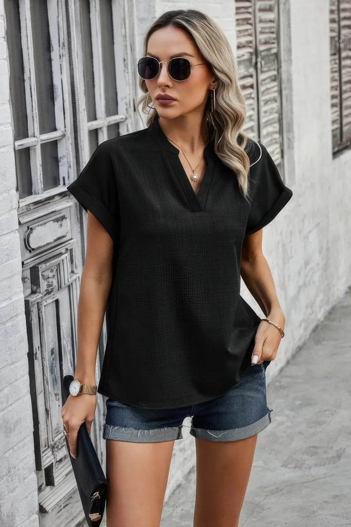 V Neck Solid Short Bat Sleeve Loose Fit Blouse | Mixtshop LLC